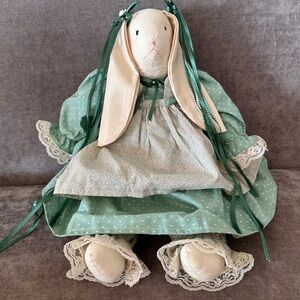 Vintage 80s Handmade Green and Cream Plush Bunny Rabbit Doll Toy 🐰